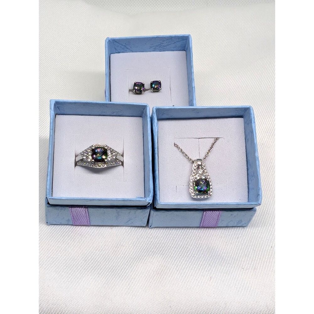 Vintage Mystic Topaz Sterling Silver Necklace, Ring, & Earring Set